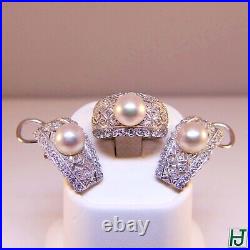 Brand New Pearl & Diamond Earrings & Ring Set in 18k White Gold, 83 points