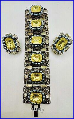 Bright-Yellow Ornate Metal? LAWRENCE VRBA? Fx-Pearls RS? BRACELET EARRING SET