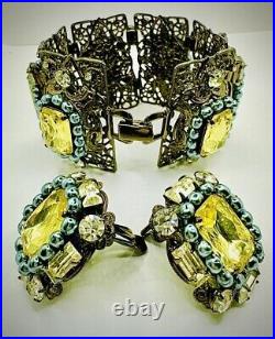 Bright-Yellow Ornate Metal? LAWRENCE VRBA? Fx-Pearls RS? BRACELET EARRING SET