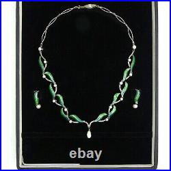 Britt-mari Darracott 18 Ct Gold Green Enamel & Pearl Set Collarette & Earrings