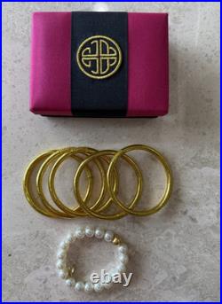 Budhagirl All Weather Gold Bangles (Set of 5) + White Pearl Mala Beaded Bracelet