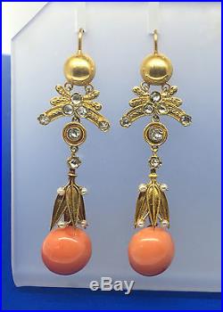 C. 1900s Victorian Coral, Pearl, and Diamond Yellow Gold Necklace & Earrings Set