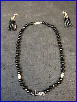 CARLA Jet Black Onyx Pearl & 14K Yellow Gold Bead Necklace & Post Earrings Set