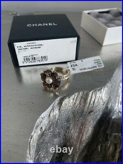 CHANEL Camellia Flower Ring Sz 7 Pearl & Brown Enamel 11A NWT Full Set AUTH