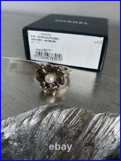 CHANEL Camellia Flower Ring Sz 7 Pearl & Brown Enamel 11A NWT Full Set AUTH