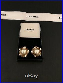 CHANEL Vintage Large Pearl & Crystal Earrings set in Antique Baroque Gold Trim