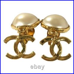 CHANEL earrings dangle pearl vintage gold 94A stamp set of 2