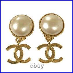 CHANEL earrings dangle pearl vintage gold 94A stamp set of 2