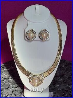 CHRISTIAN DIOR Necklace & Earrings Set with Faux Pearls & Crystal Baguettes