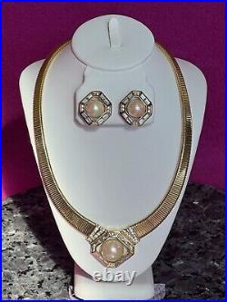 CHRISTIAN DIOR Necklace & Earrings Set with Faux Pearls & Crystal Baguettes