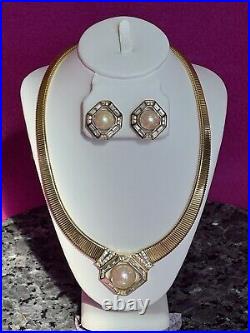 CHRISTIAN DIOR Necklace & Earrings Set with Faux Pearls & Crystal Baguettes