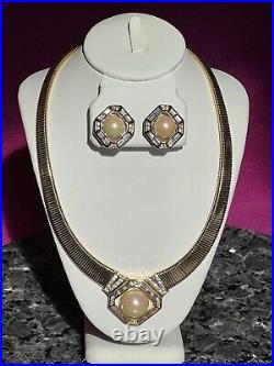 CHRISTIAN DIOR Necklace & Earrings Set with Faux Pearls & Crystal Baguettes