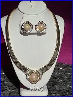 CHRISTIAN DIOR Necklace & Earrings Set with Faux Pearls & Crystal Baguettes