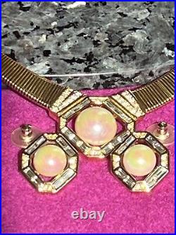 CHRISTIAN DIOR Necklace & Earrings Set with Faux Pearls & Crystal Baguettes