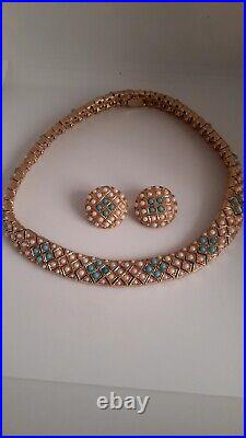 CINER gold Plated Turquoise blue Beads & Faux pearls Necklace & Clip On Earrings