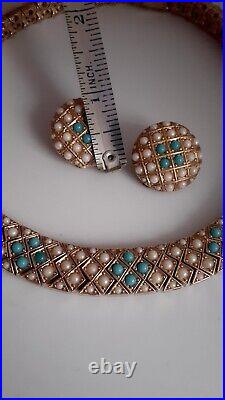 CINER gold Plated Turquoise blue Beads & Faux pearls Necklace & Clip On Earrings
