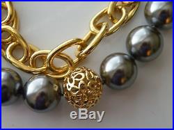 COACH Gold Plate Chain Faux Pearl NECKLACE, BRACELET. Set. Cotton paper bags