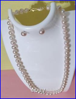 CP Pearl Necklace & Stud Earrings Jewelry Set 14K Gold Clasp Round Light Pink x3