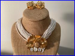 CRAFT Brand 12 Str. White Faux Pearl Gold Tone Flower Necklace & Earrings Set