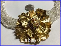 CRAFT Brand 12 Str. White Faux Pearl Gold Tone Flower Necklace & Earrings Set