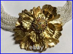 CRAFT Brand 12 Str. White Faux Pearl Gold Tone Flower Necklace & Earrings Set