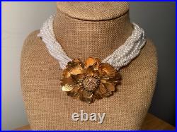 CRAFT Brand 12 Str. White Faux Pearl Gold Tone Flower Necklace & Earrings Set