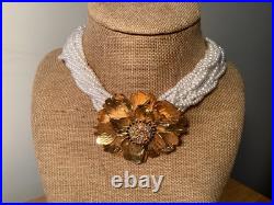 CRAFT Brand 12 Str. White Faux Pearl Gold Tone Flower Necklace & Earrings Set