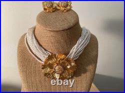 CRAFT Brand 12 Str. White Faux Pearl Gold Tone Flower Necklace & Earrings Set