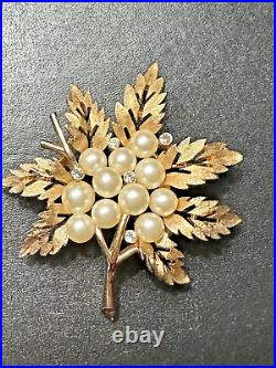 CROWN TRIFARI Gold Tone Faux Pearl Rhinestone LEAVES Earrings & Brooch Pin Set