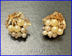 CROWN TRIFARI Gold Tone Faux Pearl Rhinestone LEAVES Earrings & Brooch Pin Set