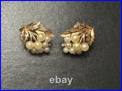 CROWN TRIFARI Gold Tone Faux Pearl Rhinestone LEAVES Earrings & Brooch Pin Set