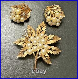 CROWN TRIFARI Gold Tone Faux Pearl Rhinestone LEAVES Earrings & Brooch Pin Set