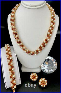 CROWN TRIFARI Rhinestone Faux Pearl Gold Tone Necklace Bracelet Earrings Set