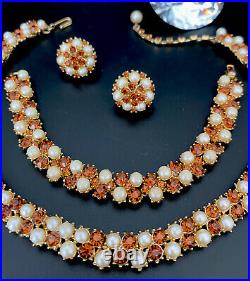 CROWN TRIFARI Rhinestone Faux Pearl Gold Tone Necklace Bracelet Earrings Set