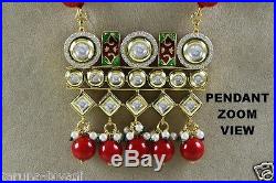 CZ Polki Kundan Rectangular Pendant Treated Red Coral Pearls String Necklace Set