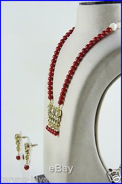 CZ Polki Kundan Rectangular Pendant Treated Red Coral Pearls String Necklace Set