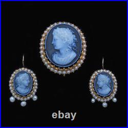 Cameo Earrings Brooch Archaeological Revival Set Gold Pearls Victorian (6420)