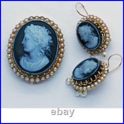 Cameo Earrings Brooch Archaeological Revival Set Gold Pearls Victorian (6420)