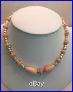 Carved Pink Peruvian Opal And Pearls Necklace With 14k Gold Beads Set With Ear