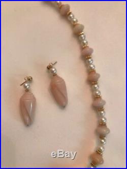 Carved Pink Peruvian Opal And Pearls Necklace With 14k Gold Beads Set With Ear