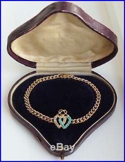 Cased Victorian 15ct Gold Turquoise & Pearl set Entwined Hearts Bracelet c1900