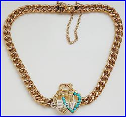Cased Victorian 15ct Gold Turquoise & Pearl set Entwined Hearts Bracelet c1900