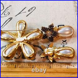 Catwalk Jon Wired Glass Bead Faux Pearl Matte Gold Tone Brooch Clip Earrings Set