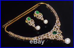 Certified Natural 32.4Cts VS F Diamond Emerald Pearl 18K Solid Gold Necklace Set