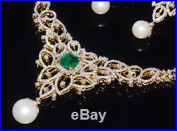 Certified Natural 32.4Cts VS F Diamond Emerald Pearl 18K Solid Gold Necklace Set
