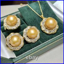Certified Natural Gold Pearl 18K Gold Plated Earrings Pendant Ring Set Gift