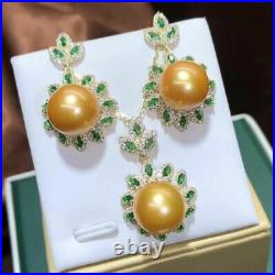Certified Natural Gold Pearl 925 Sterling Silver Inlay Earrings Pendant Set Gift