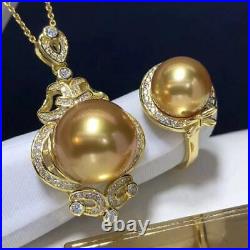Certified Natural Gold Pearl S925 Silver Inlay Ring Pendant Set Woman Gifts