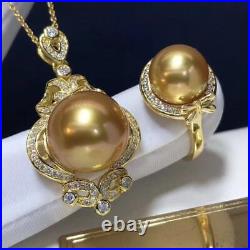 Certified Natural Gold Pearl S925 Silver Inlay Ring Pendant Set Woman Gifts