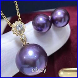 Certified Natural Purple Pearl 18K Gold Inlay Pendant Earrings Set Women Gift